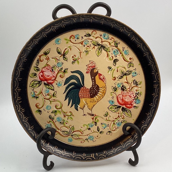 Four Rooster Plates Trays Hand Painted Paper Mache Vintage - Picture 4 of 5